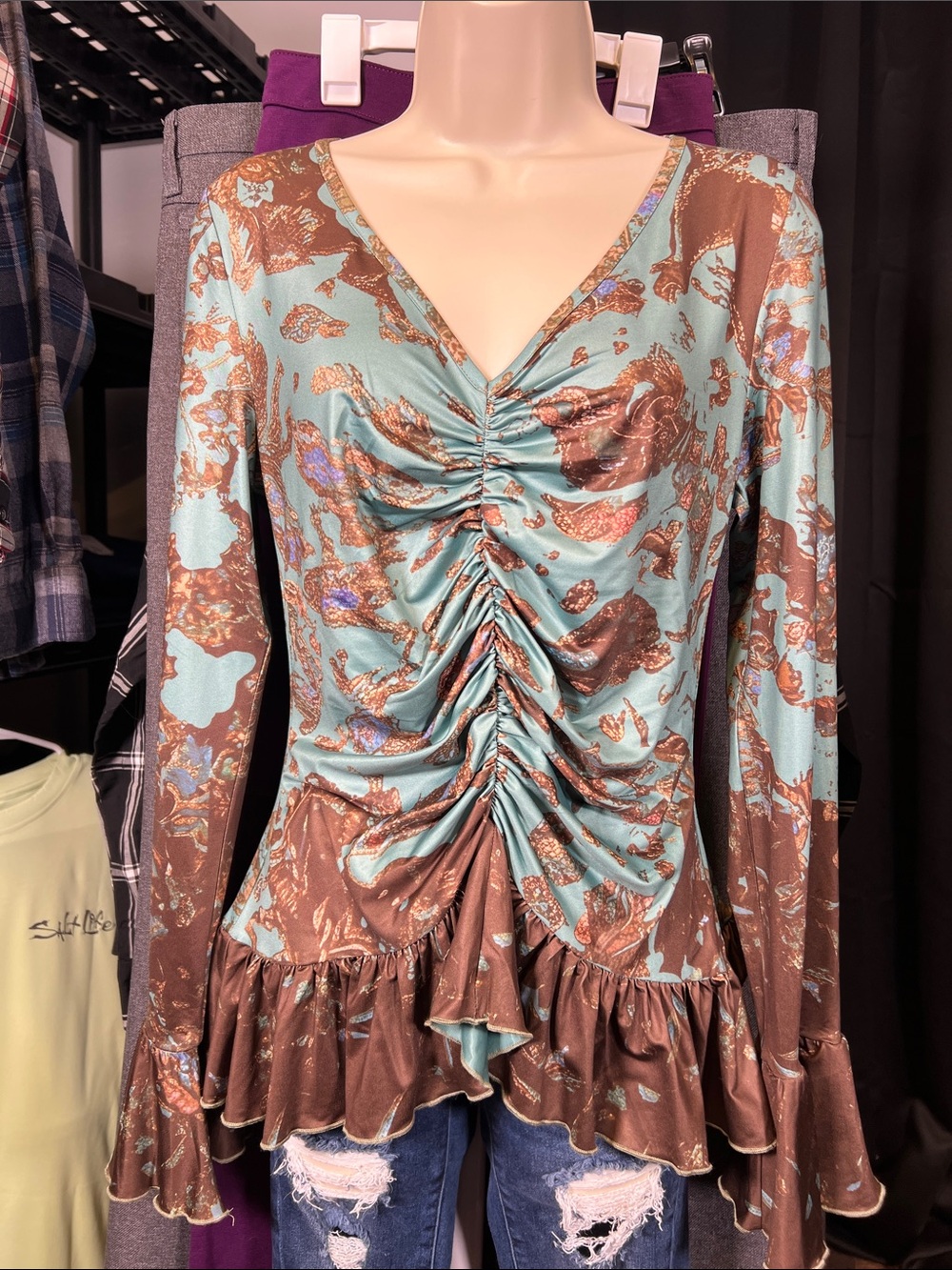 Ruched V-Neck Long-Sleeve Dress in Aqua & Brown Floral